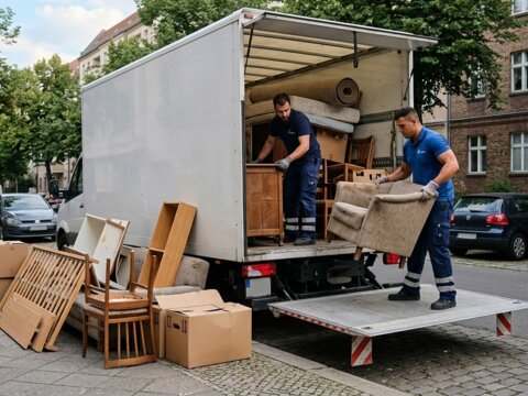 Möbelpacker verladen Sperrmüll und alte Möbel in den Möbeltransporter – Abholung vor dem Umzug nach Frankreich